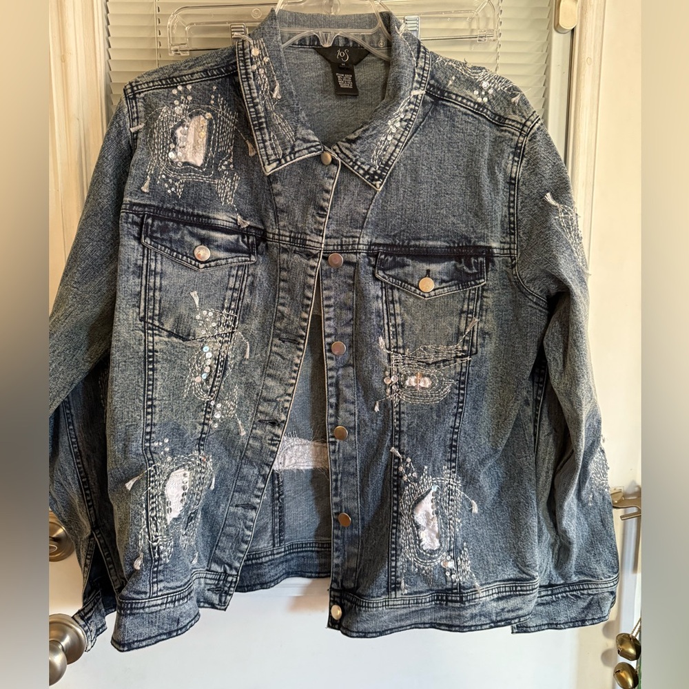 iOS Denim Jean Jacket Embellished Embroidered Silver Button Oversized